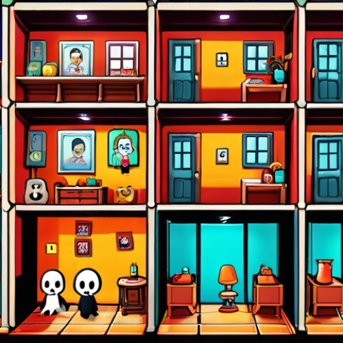 Home 4 **Prompt:** A vibrant mobile game scene featuring Shinbi Apartment characters in a puzzle game. Include elements of ghosts, colorful tiles, and a user interface with score and progress indicators. The overall mood should be playful and engaging, capturing the essence of a mobile game interface.