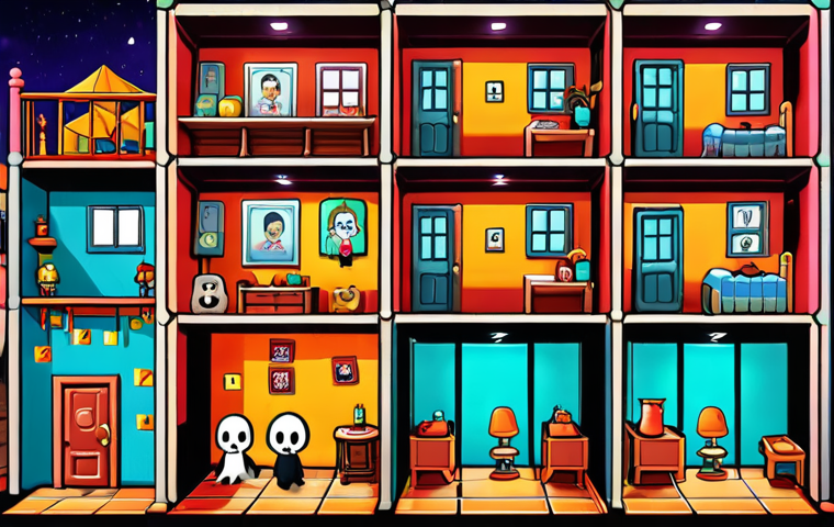 **Prompt:** A vibrant mobile game scene featuring Shinbi Apartment characters in a puzzle game. Include elements of ghosts, colorful tiles, and a user interface with score and progress indicators. The overall mood should be playful and engaging, capturing the essence of a mobile game interface.